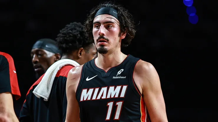 Jaime Jaquez Jr. #11 of the Miami Heat high fives with teammate during the second half of the game against the Washington Wizards at Arena Ciudad de Mexico
