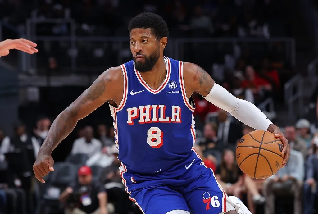 Paul George #8 of the Philadelphia 76ers drives against the Atlanta Hawks during the first quarter at State Farm Arena. Kevin C. Cox/Getty Images