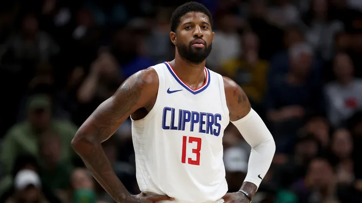 Paul George #13 of the LA Clippers looks on during the first quarter against the Brooklyn Nets.
