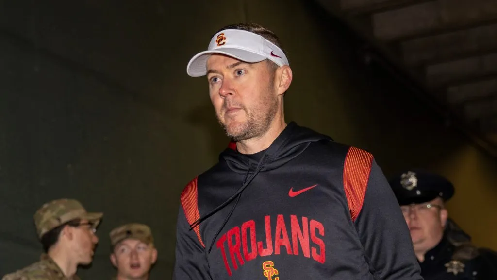 Head Coach of the USC Trojans Lincoln Riley walks off the field before their game against the Oregon Ducks at Autzen Stadium on November 11, 2023 in Eugene, Oregon.