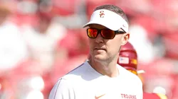 Head coach Lincoln Riley of the USC Trojans looks on prior to a game against the Penn State Nittany Lions at United Airlines Field at the Los Angeles Memorial Coliseum on October 12, 2024 in Los Angeles, California.