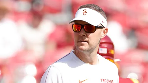 Head coach Lincoln Riley of the USC Trojans looks on prior to a game against the Penn State Nittany Lions at United Airlines Field at the Los Angeles Memorial Coliseum on October 12, 2024 in Los Angeles, California.