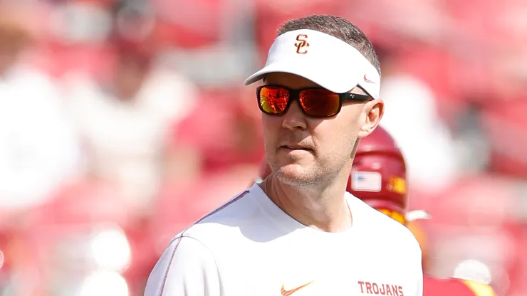 Head coach Lincoln Riley of the USC Trojans looks on prior to a game against the Penn State Nittany Lions at United Airlines Field at the Los Angeles Memorial Coliseum on October 12, 2024 in Los Angeles, California.