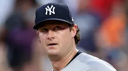 Gerrit Cole #45 of the New York Yankees looks on from the mound after surrendering a home run during the second inning against the New York Mets at Citi Field on June 25, 2024 in New York City.