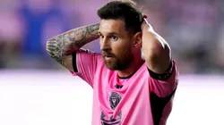 Lionel Messi #10 of Inter Miami reacts during the first half against the Atlanta United during round one of the 2024 MLS Playoffs at Chase Stadium on October 25, 2024 in Fort Lauderdale, Florida.