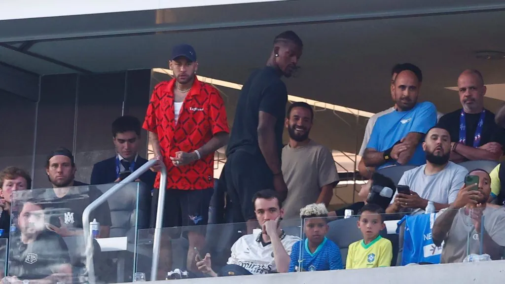 Neymar Jr. and NBA player Jimmy Butler look on from the stands during the CONMEBOL Copa America 2024 Group D match between Brazil and Costa Rica at SoFi Stadium on June 24, 2024 in Inglewood, California.