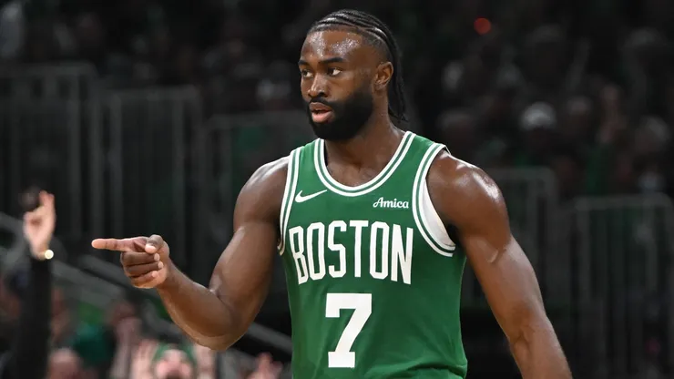 Jaylen Brown #7 of the Boston Celtics reacts during the fourth quarter against the New York Knicks at TD Garden on October 22, 2024 in Boston, Massachusetts.