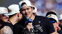 Shohei Ohtani #17 of the Los Angeles Dodgers speaks during the 2024 World Series Celebration Show at Dodger Stadium on November 01, 2024 in Los Angeles, California.