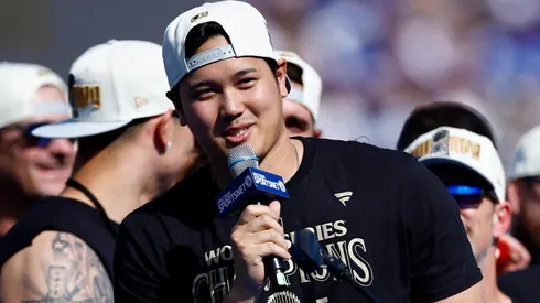 Shohei Ohtani #17 of the Los Angeles Dodgers speaks during the 2024 World Series Celebration Show at Dodger Stadium on November 01, 2024 in Los Angeles, California.