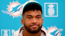 Quarterback Tua Tagovailoa of the Miami Dolphins addresses the media at Baptist Health Training Complex on October 21, 2024 in Miami Gardens, Florida.