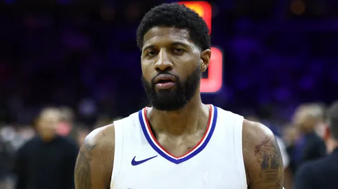 Paul George LA Clippers looks on after a game against the Philadelphia 76ers at the Wells Fargo Center on March 27, 2024.