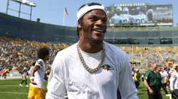 Baltimore Ravens quarterback Lamar Jackson (8) after the NFL, American Football Herren, USA preseason football game between the Baltimore Ravens and the Green Bay Packers at Lambeau Field in Green Bay, Wisconsin.
