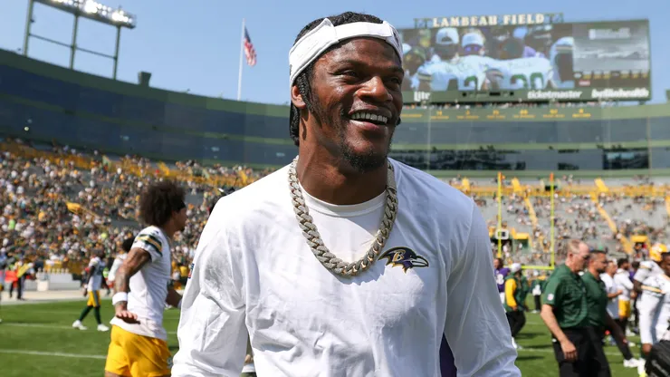 Baltimore Ravens quarterback Lamar Jackson (8) after the NFL, American Football Herren, USA preseason football game between the Baltimore Ravens and the Green Bay Packers at Lambeau Field in Green Bay, Wisconsin.