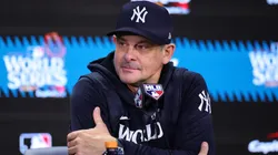 Manager Aaron Boone #17 of the New York Yankees talks to the media after the Los Angeles Dodgers defeated the New York Yankees 7-6 in game 5 to win the 2024 World Series at Yankee Stadium on October 30, 2024 in the Bronx borough of New York City.