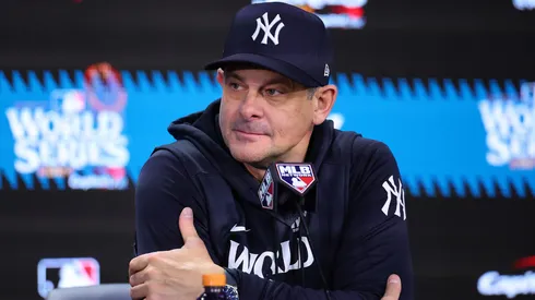 Manager Aaron Boone #17 of the New York Yankees talks to the media after the Los Angeles Dodgers defeated the New York Yankees 7-6 in game 5 to win the 2024 World Series at Yankee Stadium on October 30, 2024 in the Bronx borough of New York City.