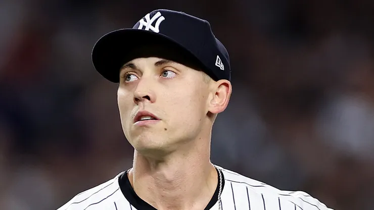 Luke Weaver #30 of the New York Yankees reacts.
