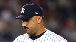 Pitcher Nestor Cortes #65 of the New York Yankees walks to the dugout after the third out in the top of the sixth inning against the Cleveland Guardians at Yankee Stadium on August 21, 2024 in New York City.