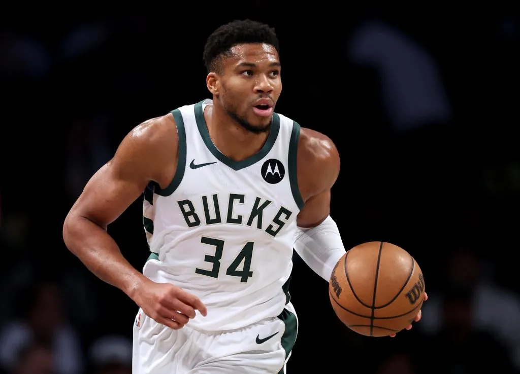 Giannis Antetokounmpo #34 of the Milwaukee Bucks in action against the Brooklyn Nets. Luke Hales/Getty Images