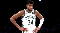 Giannis Antetokounmpo #34 of the Milwaukee Bucks reacts against the Brooklyn Nets