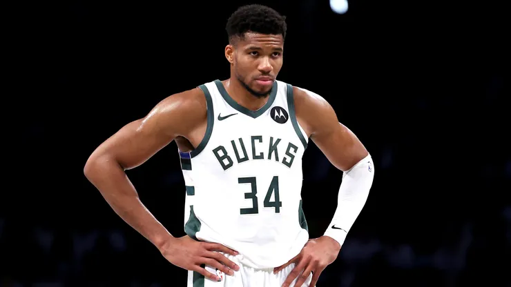 Giannis Antetokounmpo #34 of the Milwaukee Bucks reacts against the Brooklyn Nets