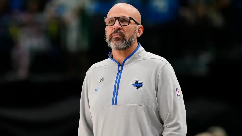 Head coach Jason Kidd of the Dallas Mavericks looks on during the second half against the Detroit Pistons at American Airlines Center on April 12, 2024. (Source: Sam Hodde/Getty Images)