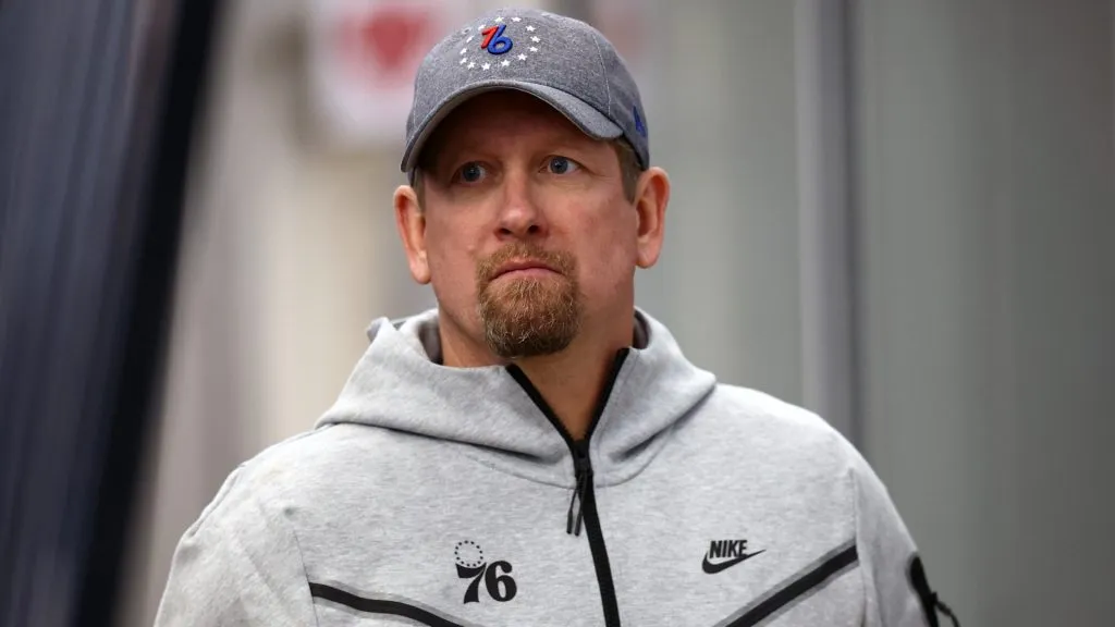 Head coach Nick Nurse of the Philadelphia 76ers looks on during the Philadelphia 76ers Blue & White Scrimmage at Chase Fieldhouse on October 14, 2023. (Source: Tim Nwachukwu/Getty Images)
