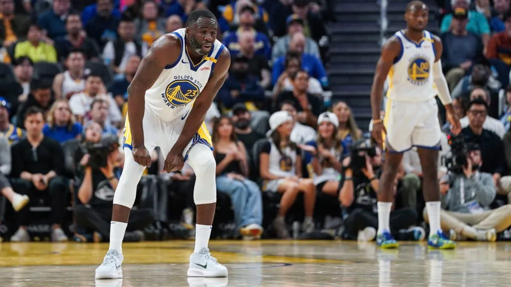 Draymond Green #23 of the Golden State Warriors reacts after a collision in the second quarter against the Los Angeles Clippers at Chase Center on October 27, 2024 in San Francisco, California. (Photo by Kavin Mistry/Getty Images)