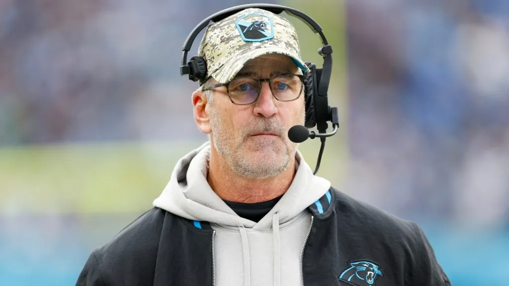 Head coach Frank Reich of the Carolina Panthers looks on during the second half of the game against the Tennessee Titans at Nissan Stadium on November 26, 2023. (Source: Wesley Hitt/Getty Images)