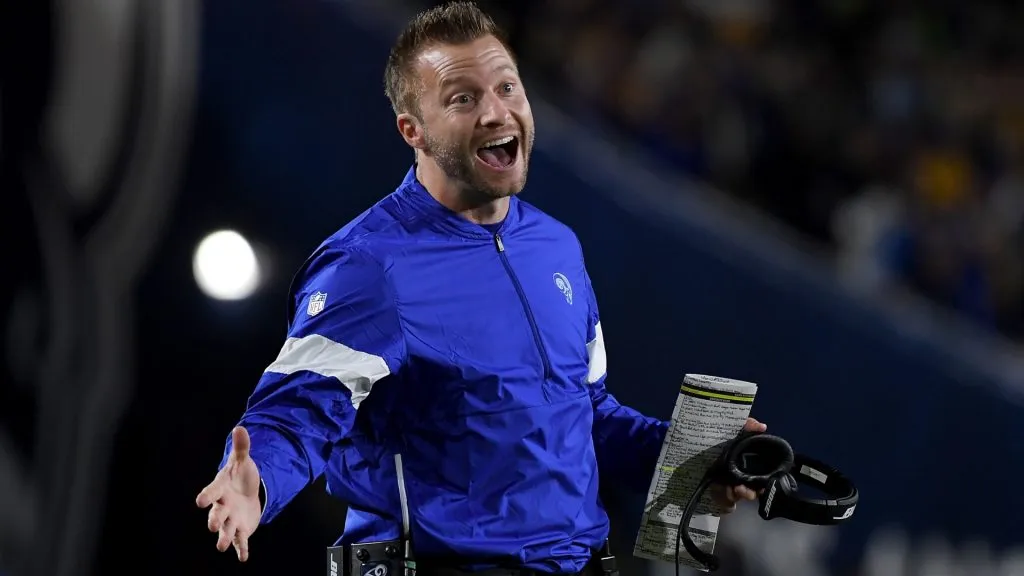 Head coach Sean McVay of the Los Angeles Rams celebrates the third touchdown of the game in the second quarter against the Seattle Seahawks in 2019. (Source: Harry How/Getty Images)