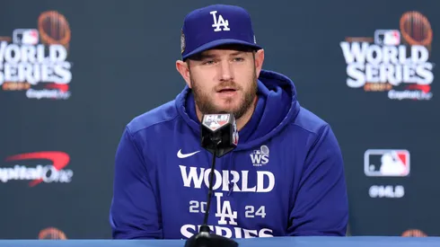 Max Muncy #13 of the Los Angeles Dodgers speaks to the media during a press conference before playing against the New York Yankees during Game Three of the 2024 World Series at Yankee Stadium on October 28, 2024 in New York City.