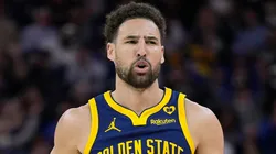 Klay Thompson #11 of the Golden State Warriors reacts after making a three-point shot against the Utah Jazz during first half at Chase Center on April 07, 2024.