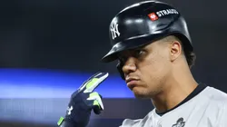 Juan Soto #22 of the New York Yankees reacts to his single against the Los Angeles Dodgers in the ninth inning during Game Two of the 2024 World Series at Dodger Stadium on October 26, 2024 in Los Angeles, California.