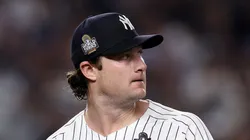 Gerrit Cole #45 of the New York Yankees walks off the field after the fifth inning of Game Five of the 2024 World Series against the Los Angeles Dodgers at Yankee Stadium on October 30, 2024 in the Bronx borough of New York City.