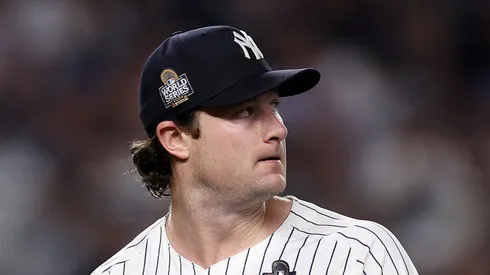 Gerrit Cole #45 of the New York Yankees walks off the field after the fifth inning of Game Five of the 2024 World Series against the Los Angeles Dodgers at Yankee Stadium on October 30, 2024 in the Bronx borough of New York City.