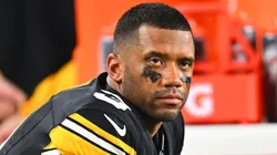 Russell Wilson #3 of the Pittsburgh Steelers looks on from the sidelines during the third quarter against the New York Jets at Acrisure Stadium on October 20, 2024.