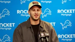 Quarterback Jared Goff (16) of the Detroit Lions answers questions during a post-game press conference, PK, Pressekonferenz after a game between the Detroit Lions and the Chicago Bears on Thanksgiving Day in Detroit, Michigan USA, on Thursday, November 28, 2024.