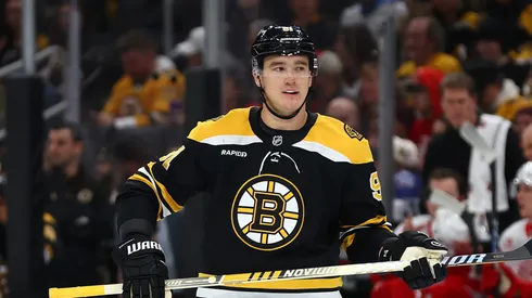 Nikita Zadorov #91 of the Boston Bruins looks on during the first period of the game against the Detroit Red Wings at TD Garden on December 03, 2024 in Boston, Massachusetts.