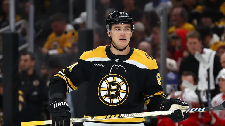 Nikita Zadorov #91 of the Boston Bruins looks on during the first period of the game against the Detroit Red Wings at TD Garden on December 03, 2024 in Boston, Massachusetts.