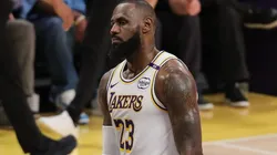 Los Angeles Lakers forward LeBron James (23) looks upset during the Los Angeles Lakers game versus the Toronto Raptors on November 10, 2024, at Crypto.com Arena in Los Angeles, CA.