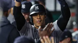 New York Yankees right fielder Juan Soto (22) celebrates scoring a run with teammates against the Kansas City Royals during the fourth inning of game 3 of the American League Division Series at Kauffman Stadium in Kansas City, MO.