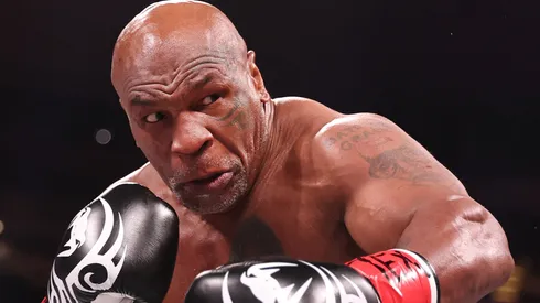 Mike Tyson in action against Jake Paul during LIVE On Netflix: Jake Paul vs. Mike Tyson at AT&T Stadium on November 15, 2024 in Arlington, Texas.