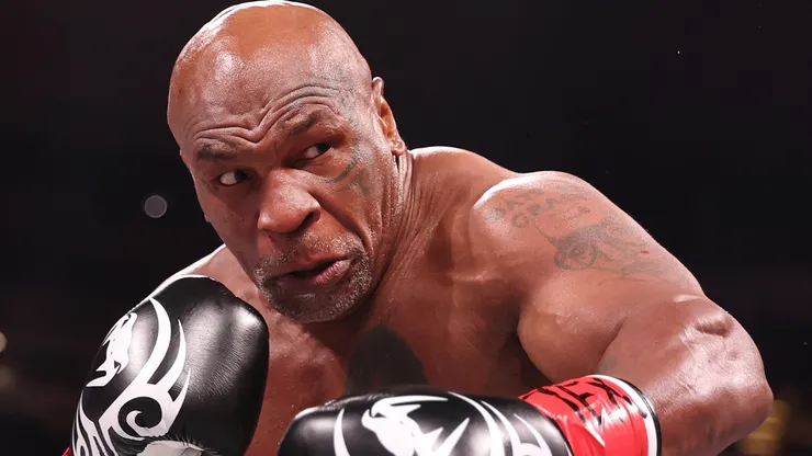 Mike Tyson in action against Jake Paul during LIVE On Netflix: Jake Paul vs. Mike Tyson at AT&T Stadium on November 15, 2024 in Arlington, Texas.