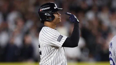 Juan Soto #22 of the New York Yankees reacts after hitting a double during the eighth inning of Game Four of the 2024 World Series against the Los Angeles Dodgers at Yankee Stadium on October 29, 2024 in the Bronx borough of New York City.