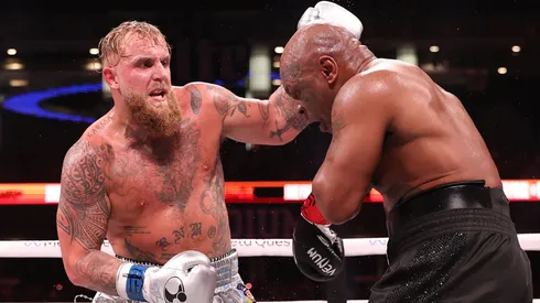 Jake Paul punches Mike Tyson during LIVE On Netflix: Jake Paul vs. Mike Tyson at AT&T Stadium on November 15, 2024 in Arlington, Texas.