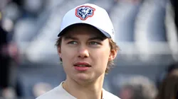 Connor Bedard of the Chicago Blackhawks looks on prior to a game between the Chicago Bears and the Minnesota Vikings at Soldier Field on November 24, 2024 in Chicago, Illinois.