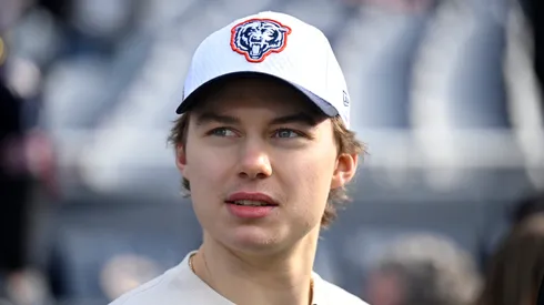 Connor Bedard of the Chicago Blackhawks looks on prior to a game between the Chicago Bears and the Minnesota Vikings at Soldier Field on November 24, 2024 in Chicago, Illinois.