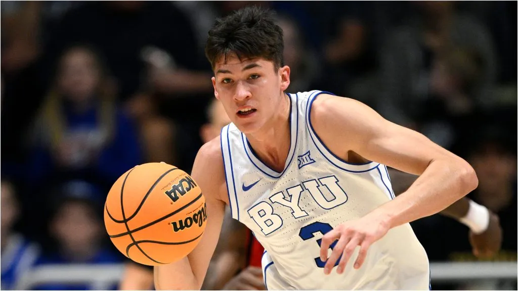 Egor Demin #3 of the Brigham Young Cougars dribbles the ball during the second half against the North Carolina State Wolfpack in the Rady Children’s Invitational at LionTree Arena on November 29, 2024 in La Jolla, California