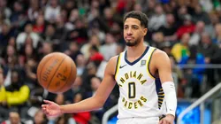 Tyrese Haliburton #0 of the Indiana Pacers looks on against the Toronto Raptors during the Emirates NBA Cup game at the Scotiabank Arena on December 3, 2024 in Toronto, Ontario, Canada.