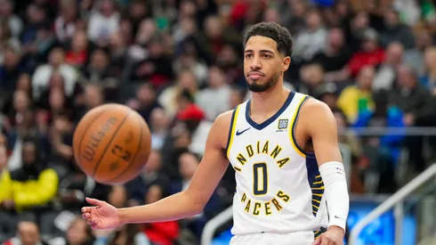 Tyrese Haliburton #0 of the Indiana Pacers looks on against the Toronto Raptors during the Emirates NBA Cup game at the Scotiabank Arena on December 3, 2024 in Toronto, Ontario, Canada.