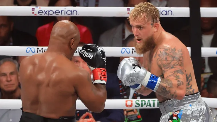 Jake Paul fights Mike Tyson during a heavyweight bout at AT&T Stadium on November 15, 2024 in Arlington, Texas.
